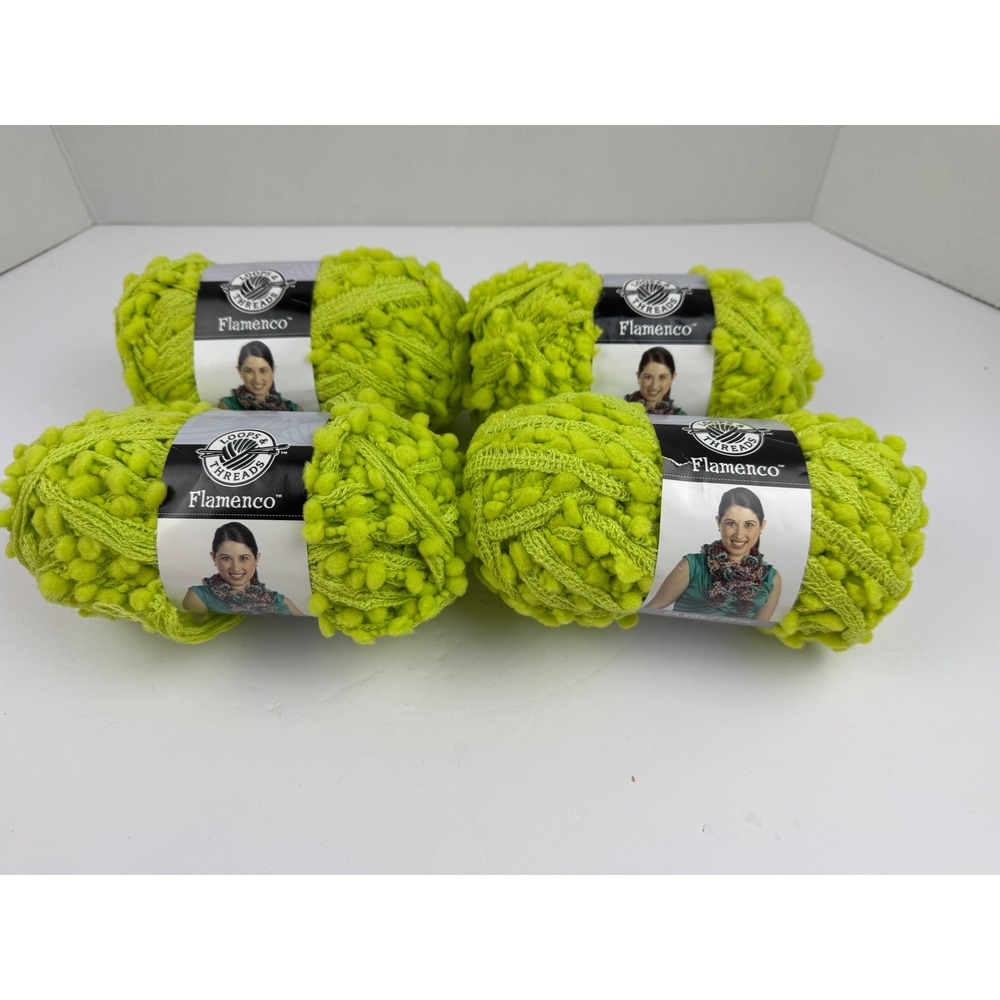 Loops & Threads Flamenco Yarn Kiwi Green Pom Pom Scarf Lot of 4 24yds Each